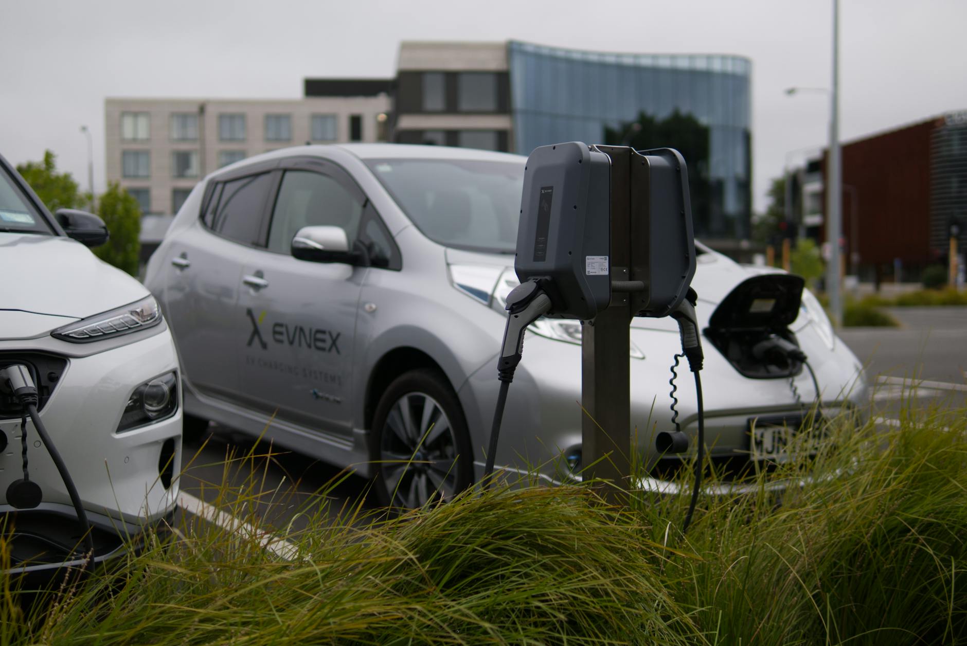 Ilustrasi: Electric vehicles at a charging station in Christchurch parking lot with modern architecture.